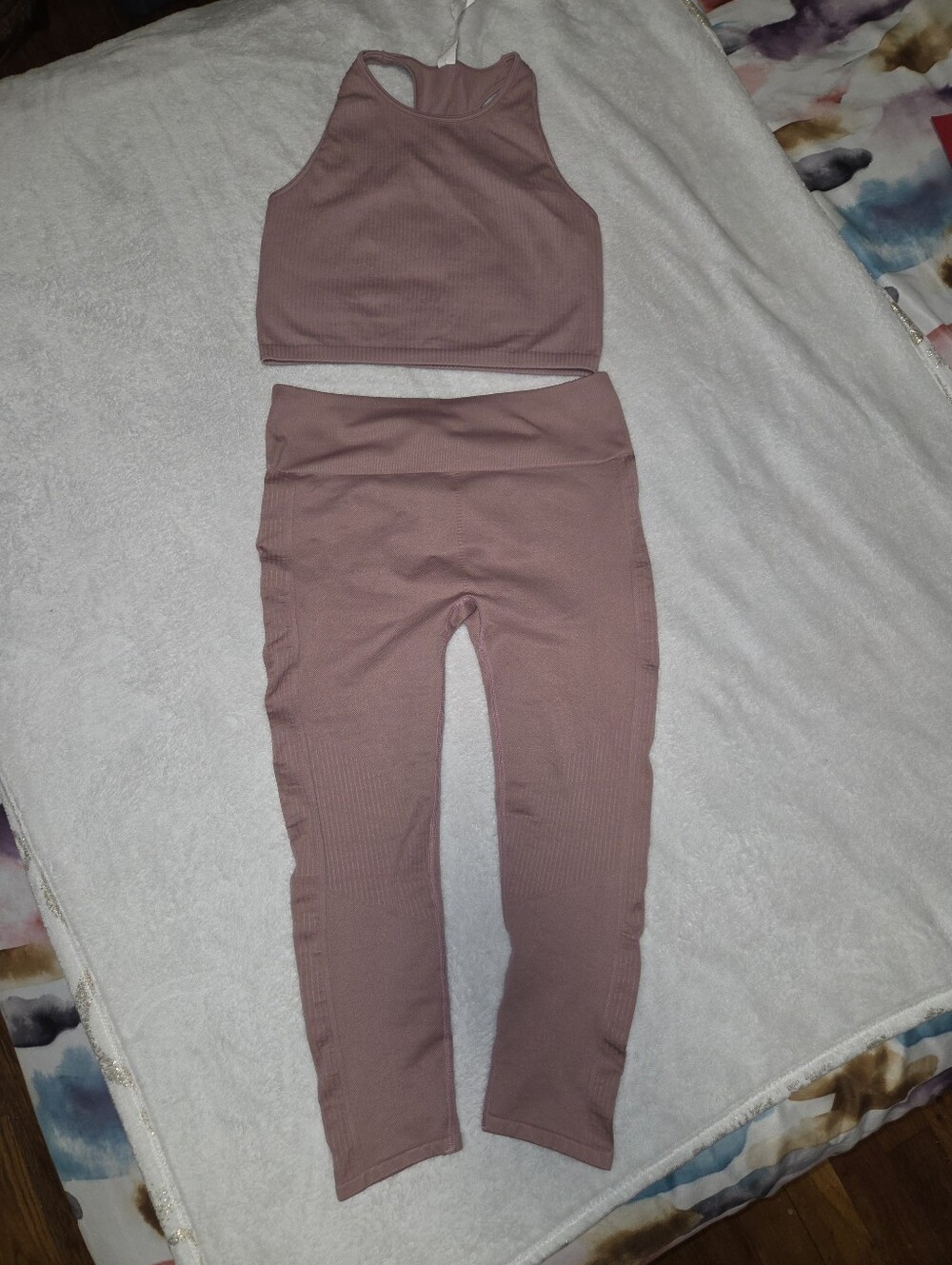 FABLETICS Ribbed Crop Tank and Leggings Set — Dusty Mauve